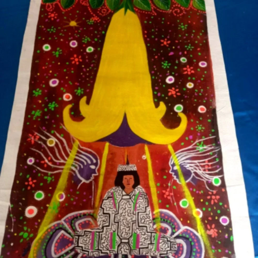 Oil on canvas Peruvian floripondio flower and shaman 30 x 18 inches